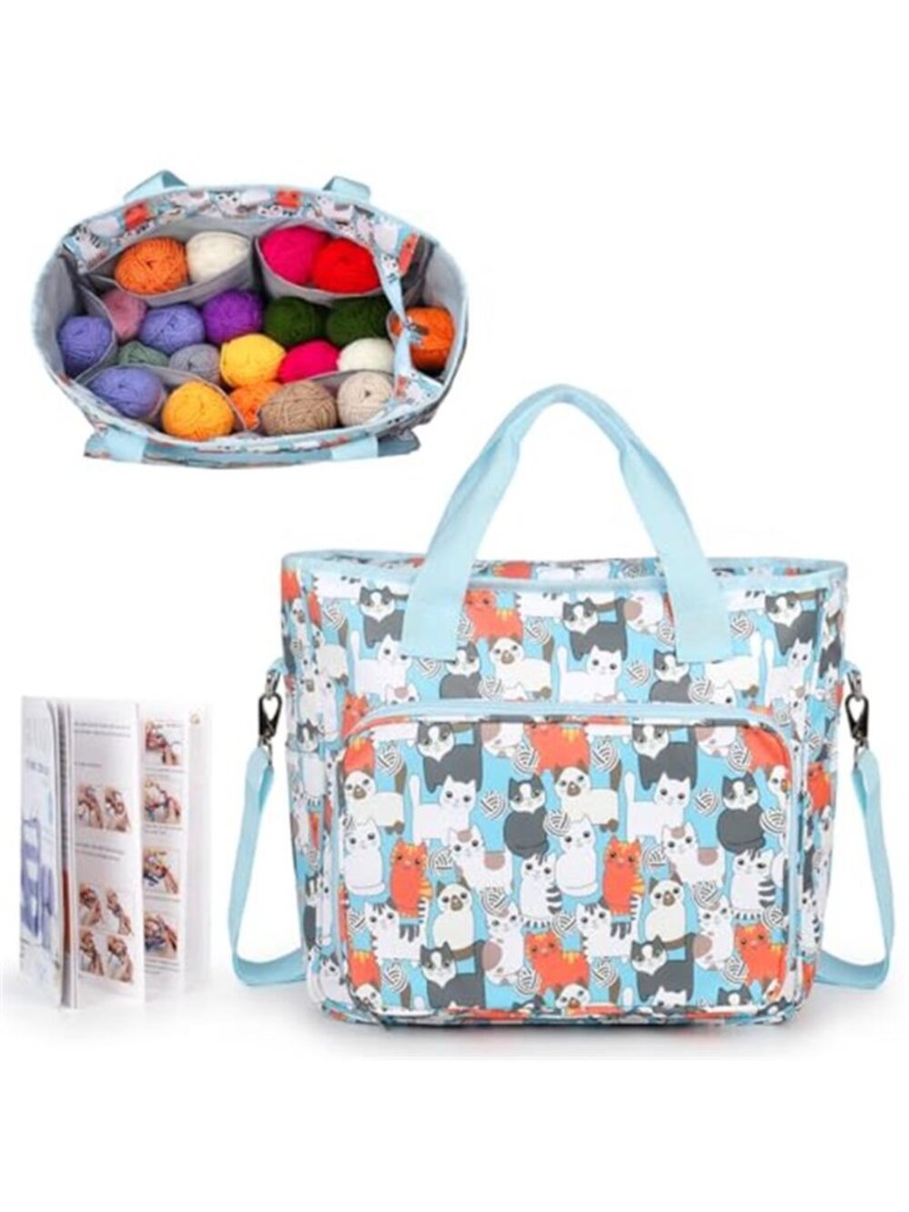 Large Crochet Yarn Storage Bag Organizer Knitting Tote Multipocket Blue Travel